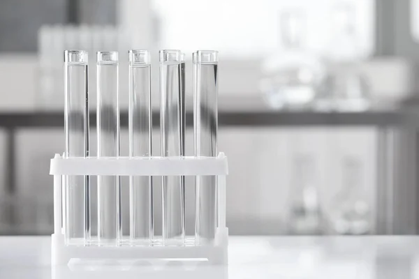 Test Tubes Transparent Liquid Table Laboratory Space Text — Stock Photo, Image