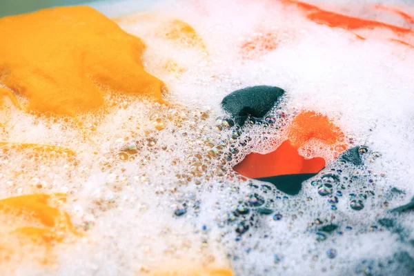 Colorful Clothes Suds Closeup Hand Washing Laundry —  Fotos de Stock
