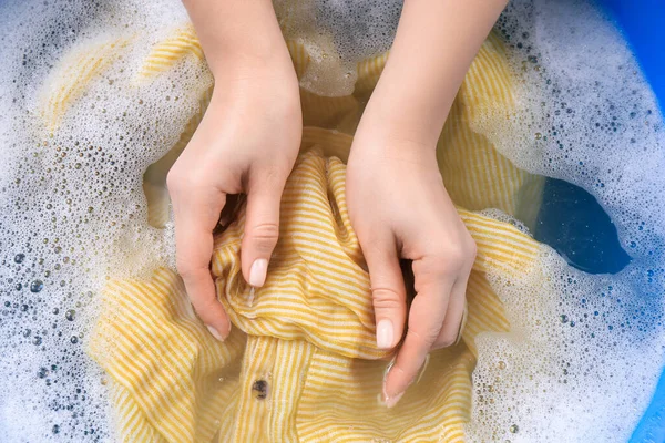 Woman Washing Garment Suds Closeup Laundry — Stock Fotó
