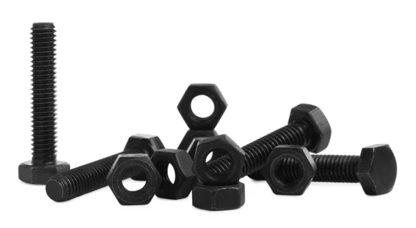 Different Black Metal Bolts Nuts White Background — Stock Photo, Image