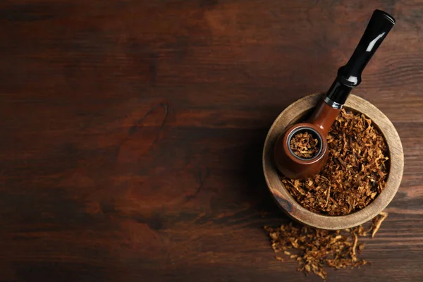 Smoking Pipe Bowl Dry Tobacco Wooden Table Top View Space — 스톡 사진