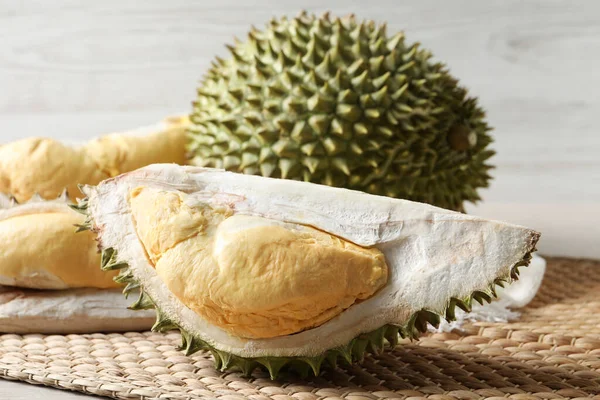 Fresh Ripe Durian Fruits Wicker Mat — Zdjęcie stockowe