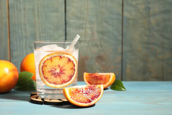 Delicious Refreshing Drink Sicilian Orange Fresh Fruits Green Leaves Light — Stok fotoğraf