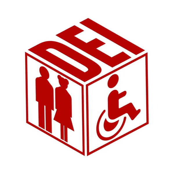 Concept of DEI - Diversity, Equality, Inclusion. Illustration of people, person with disability and abbreviation in cube on white background