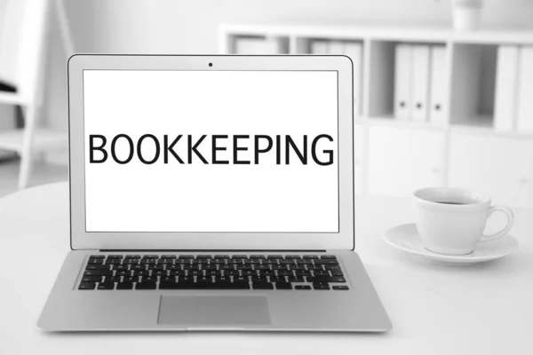 Bookkeeping Concept Modern Laptop Cup Coffee White Table Office — Stockfoto