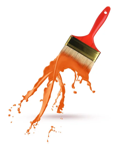 Brush Splashing Orange Paint White Background — Stok fotoğraf