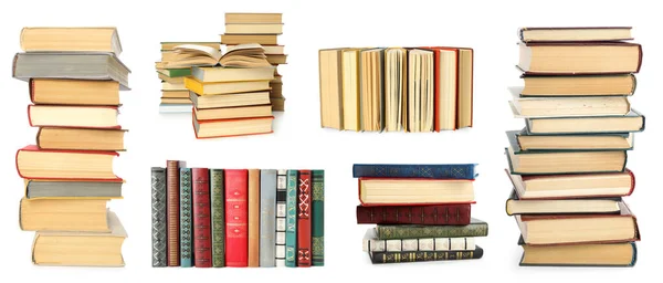 Collection Different Hardcover Books White Background Banner Design — Stock Photo, Image