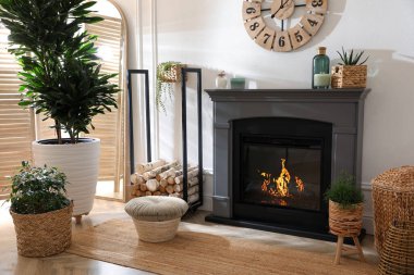 Elektrik şöminesi ve güzel dekor elementleri olan şık bir oda.