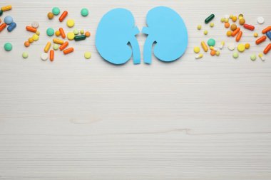 Böbrek ve haplardan yapılmış kağıt kesiği beyaz ahşap masada, düz yerde. Metin için boşluk