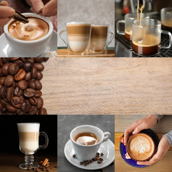 Bellissimo Collage Con Diverse Foto Chicchi Caffè Aromatici Spazio Testo — Foto Stock