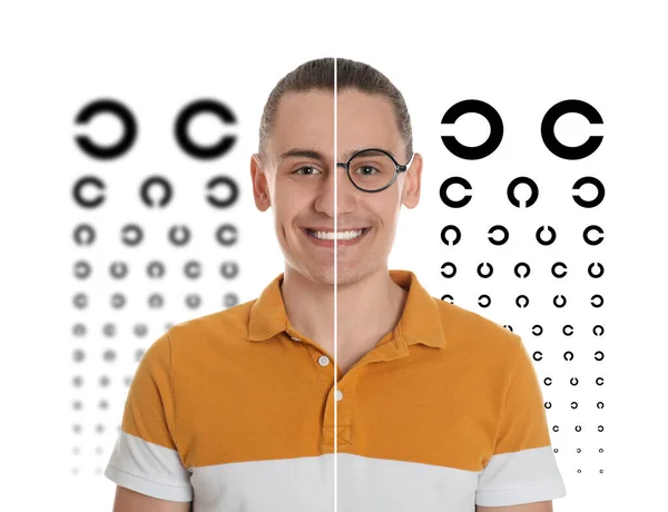 白を背景に眼鏡や目のチャートのある人の写真とコラージュ 視力検査 — ストック写真
