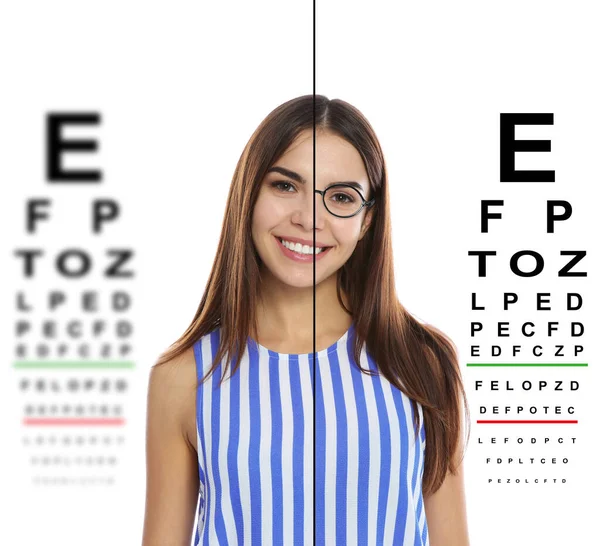 Collage Photos Woman Glasses Eye Charts White Background Visual Acuity — Foto Stock