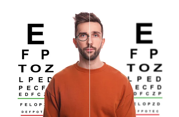 Colagem Com Fotos Homem Com Sem Óculos Gráficos Olhos Sobre — Fotografia de Stock
