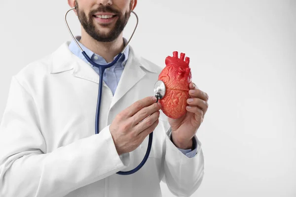 Doctor Stethoscope Model Heart White Background Closeup Cardiology Concept — Foto de Stock