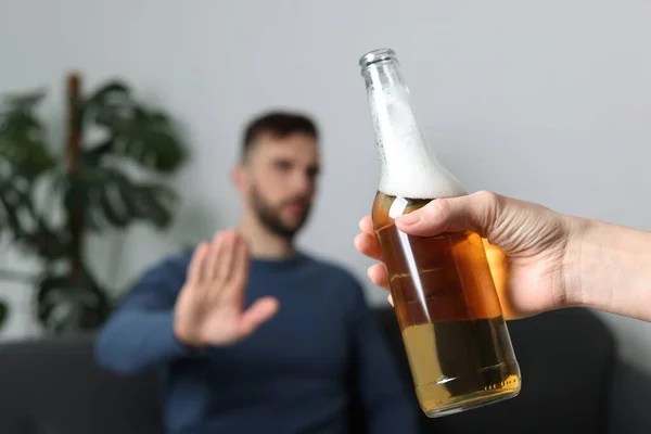 Man Refusing Drink Beer Indoors Closeup Alcohol Addiction Treatment — 스톡 사진