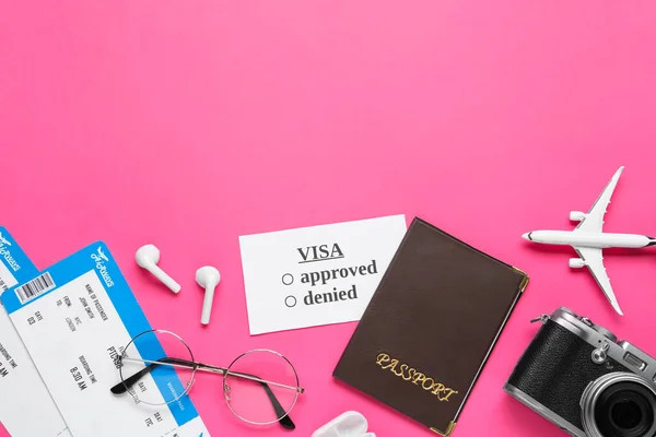Flat Lay Composition Passport Tickets Pink Background Space Text — Foto de Stock