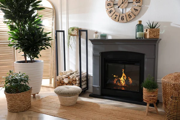 Elektrik şöminesi ve güzel dekor elementleri olan şık bir oda.