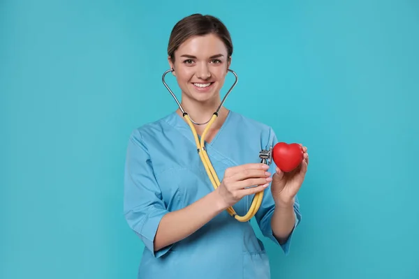 Doctor Stethoscope Red Heart Light Blue Background Cardiology Concept — Zdjęcie stockowe