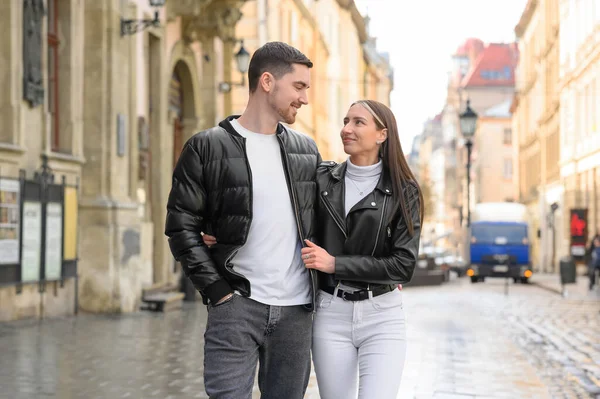 Lovely Young Couple Walking Together City Street Romantic Date — Photo