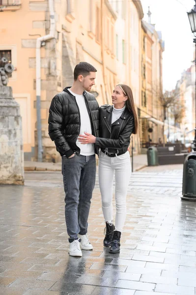 Lovely Young Couple Walking Together City Street Romantic Date — Fotografia de Stock