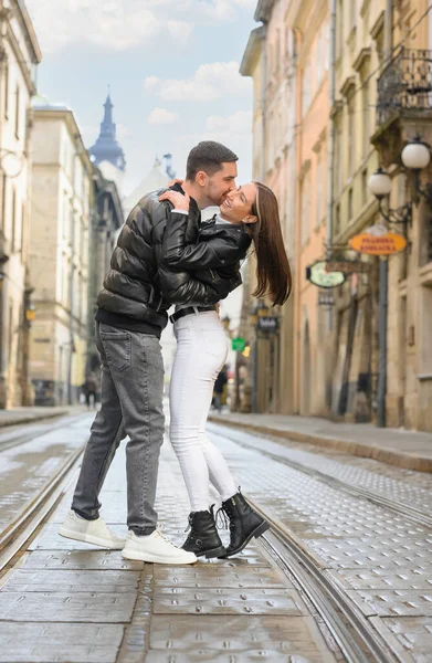 Lovely Young Couple Walking Together City Street Romantic Date — Stockfoto