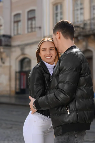Lovely Young Couple Together City Street Romantic Date — Photo