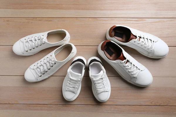 Set New Stylish White Sneakers Entire Family Wooden Background Flat — Photo