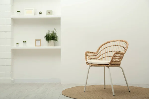 Stylish Comfortable Wicker Armchair Light Room Space Text — Stockfoto