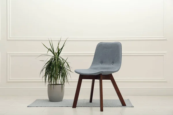 室内白墙附近的现代灰色椅子和漂亮的室内植物 — 图库照片