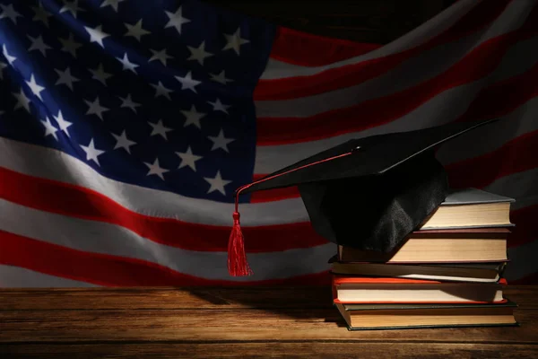 Graduation Hat Books Wooden Table American Flag Darkness Space Text — Foto de Stock