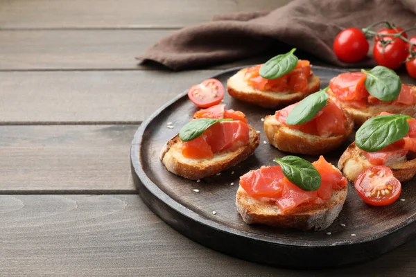 Delicious Sandwiches Salmon Spinach Wooden Table Space Text — Stock fotografie