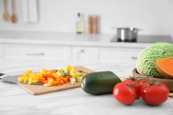 Different Raw Vegetables White Marble Table Kitchen — Fotografia de Stock