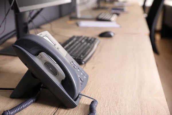 Stationary Phone Modern Computer Wooden Desk Office Hotline Service — Stockfoto