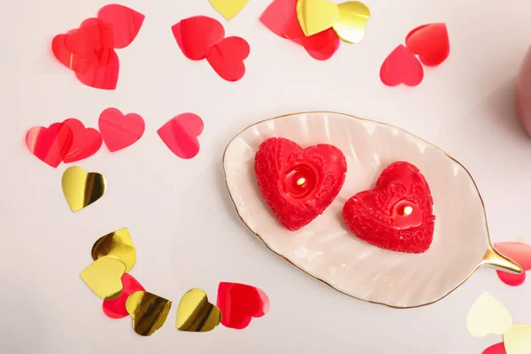 Red Heart Shaped Candles Confetti White Table Flat Lay Valentine — Stock Photo, Image