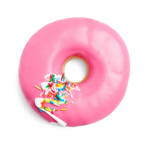 Doce Delicioso Donut Vitrificado Fundo Branco Vista Superior — Fotografia de Stock