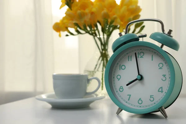 Alarm Clock White Table Indoors Space Text Morning Time — Stock Photo, Image