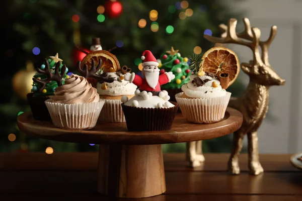 Many Different Christmas Cupcakes Wooden Table Indoors — Stok fotoğraf