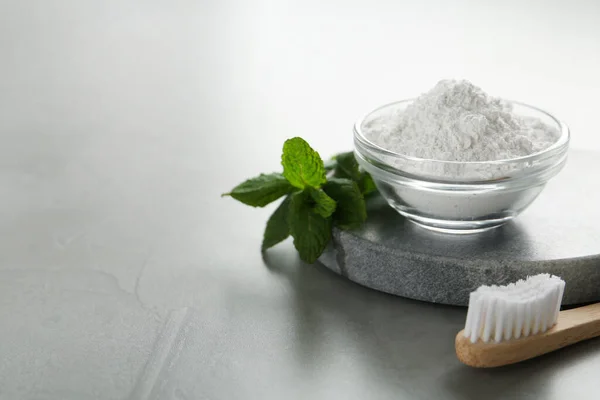 Tooth Powder Brush Mint Grey Table Space Text — Stok Foto