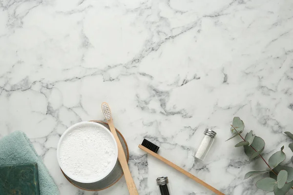 Flat Lay Composition Tooth Powder Brushes White Marble Table Space — Foto de Stock