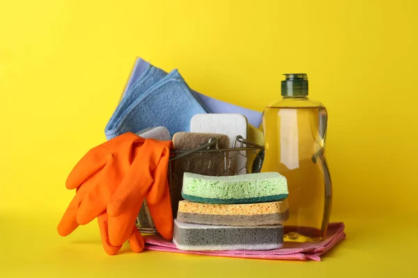 Sponges Other Cleaning Products Yellow Background — Zdjęcie stockowe