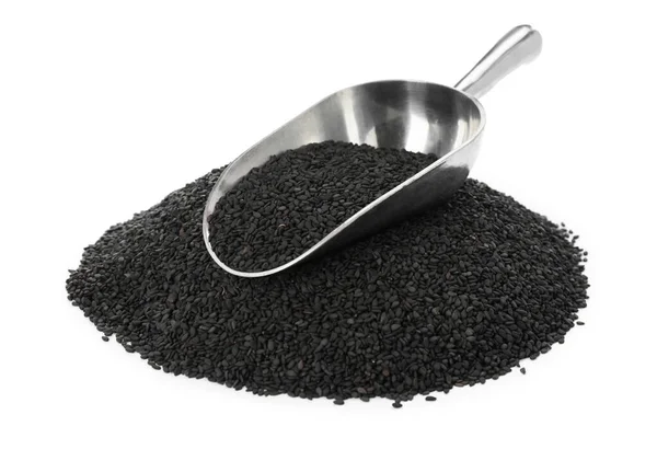 Black Sesame Seeds Metal Scoop Isolated White — Stockfoto