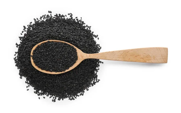 Black Sesame Seeds Wooden Spoon Isolated White Top View —  Fotos de Stock