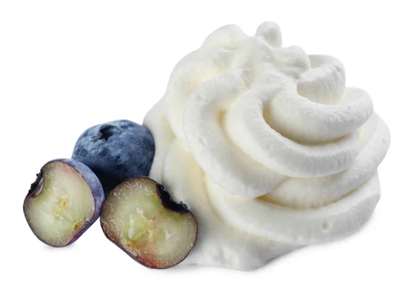 Delicious Fresh Whipped Cream Blueberries Isolated White — Foto de Stock