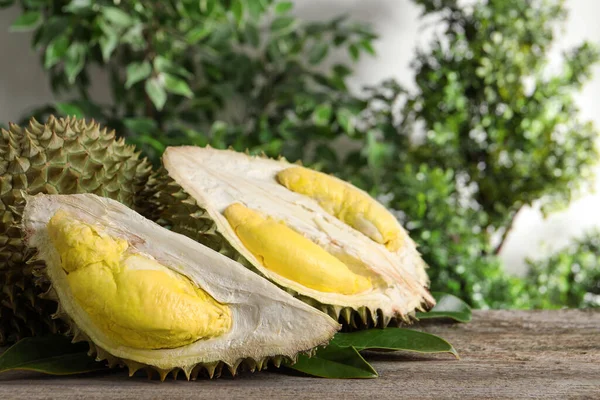 Fresh Ripe Durian Fruits Wooden Table Space Text — Zdjęcie stockowe