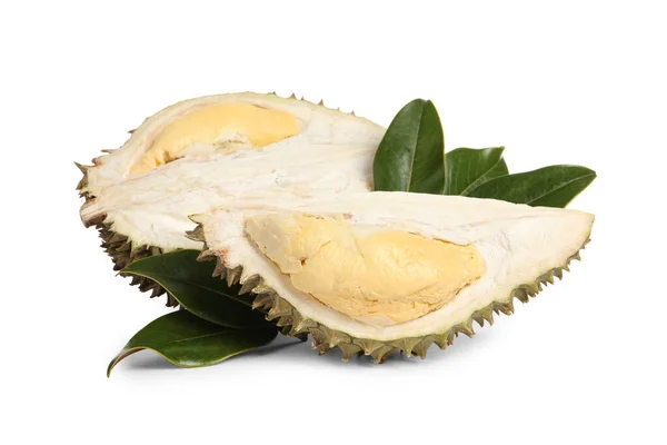 Dojrzały Durian Zielonymi Liśćmi Białym Tle — Zdjęcie stockowe