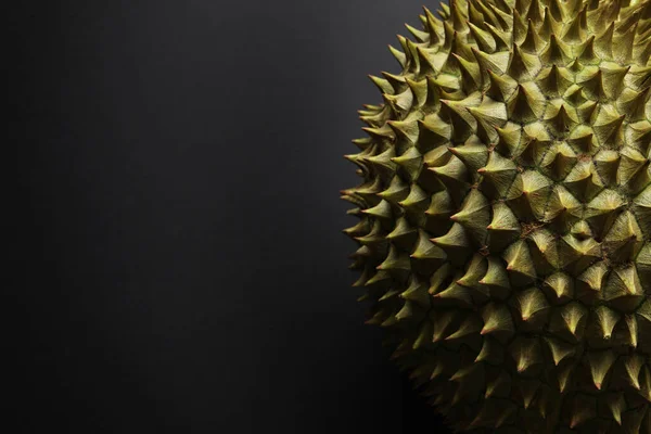Fresh Ripe Durian Black Background Closeup Space Text — Zdjęcie stockowe