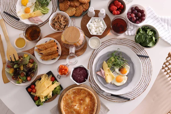 Many Different Dishes Served Buffet Table Brunch Flat Lay — Stock Photo, Image