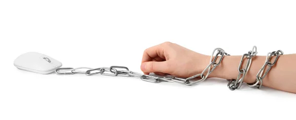 Woman Chained Computer Mouse White Background Closeup Internet Addiction — 스톡 사진