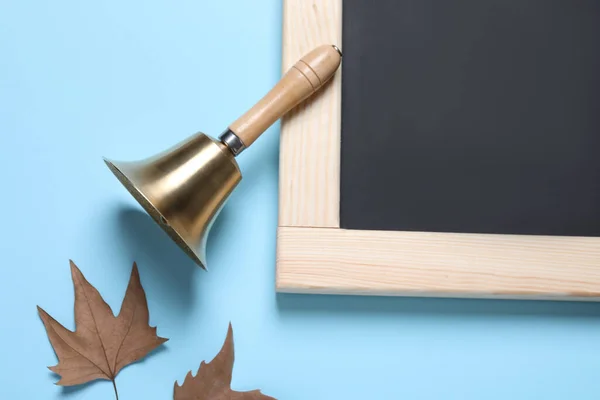 Golden School Bell Autumn Leaves Blackboard Light Blue Background Flat — Stock Fotó