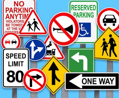 Collection of different traffic signs on turquoise background